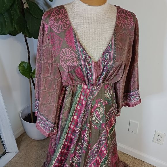 Celina Boho Maxi Womens Dress OSFM Silk Blend Paisley Magenta Wedding Guest - Picture 7 of 12